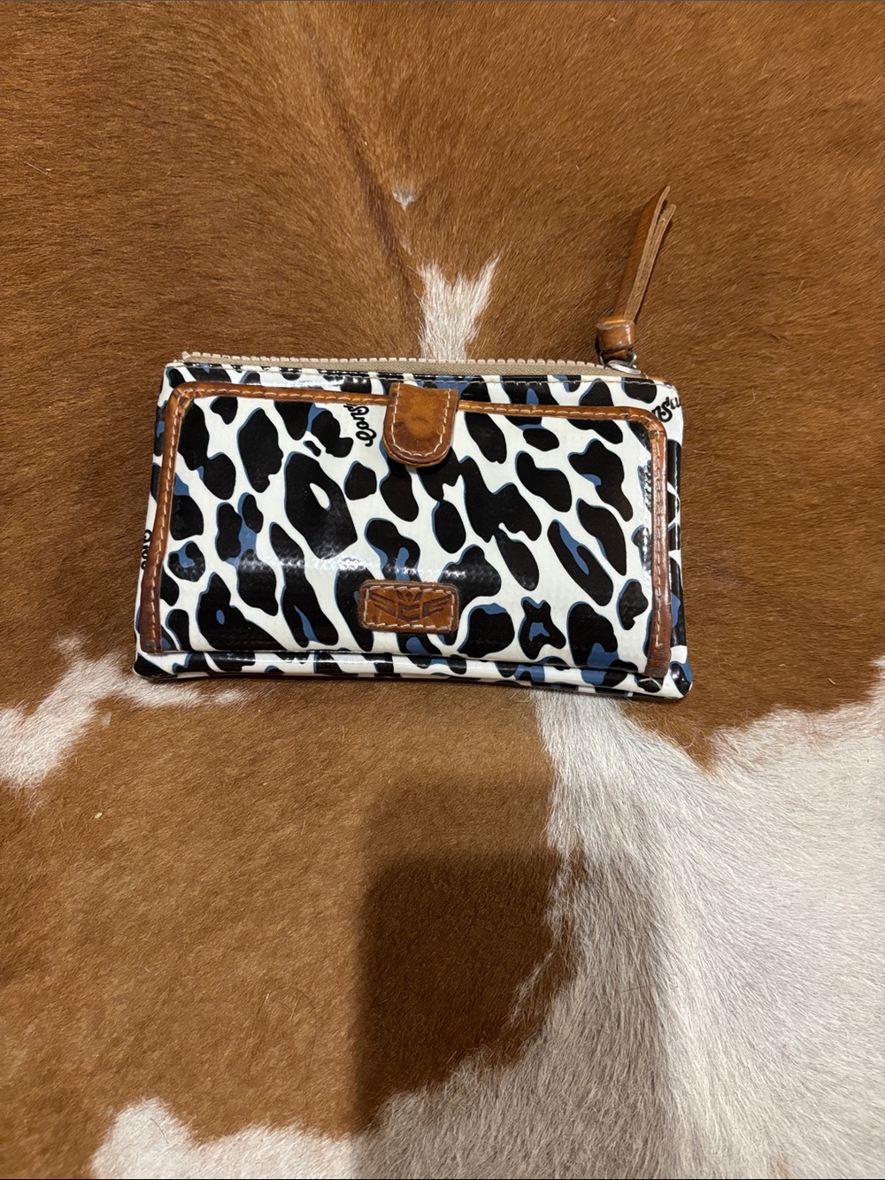 Consuela Black and White Leopard Print Wallet with Brown Trim